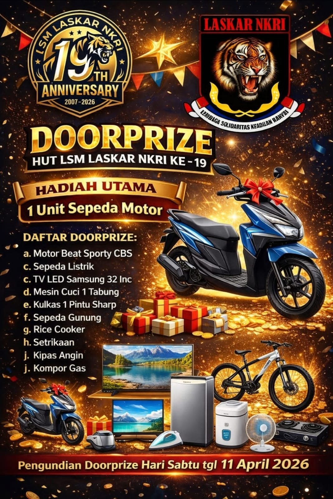 Semarak HUT ke-19, Laskar NKRI Gelar Doorprize dengan Hadiah Utama Sepeda Motor